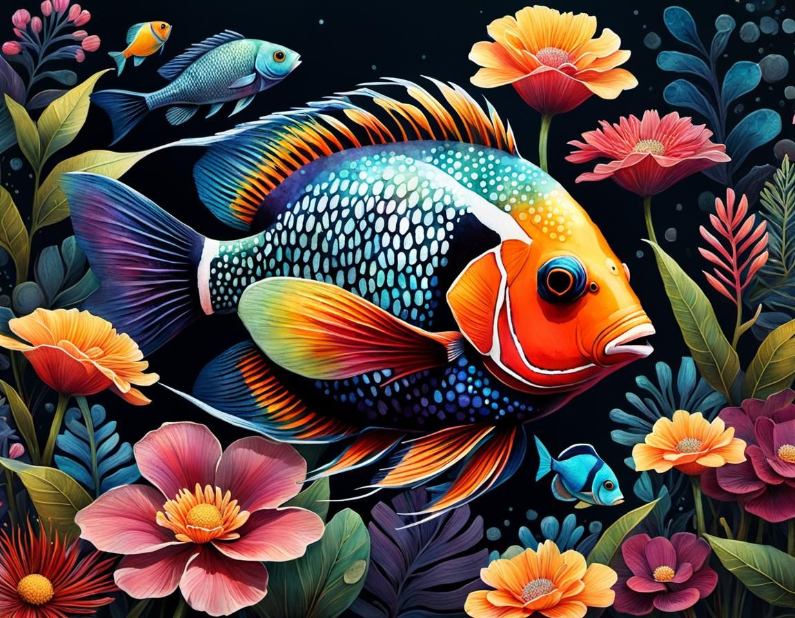 Tropical Fish and Flowers Whimsical Illustration