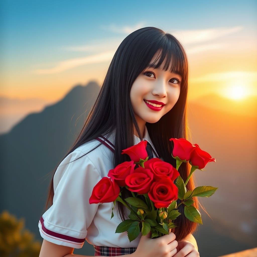 Chinese Schoolgirl with Roses at Sunrise, Inspired by Modern...