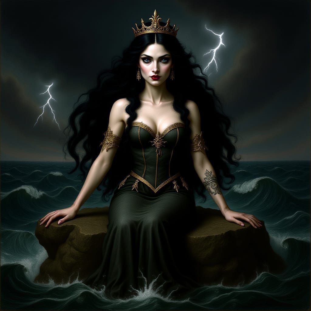 Gothic Mermaid on Stormy Rocks, in Pre-Raphaelite Style