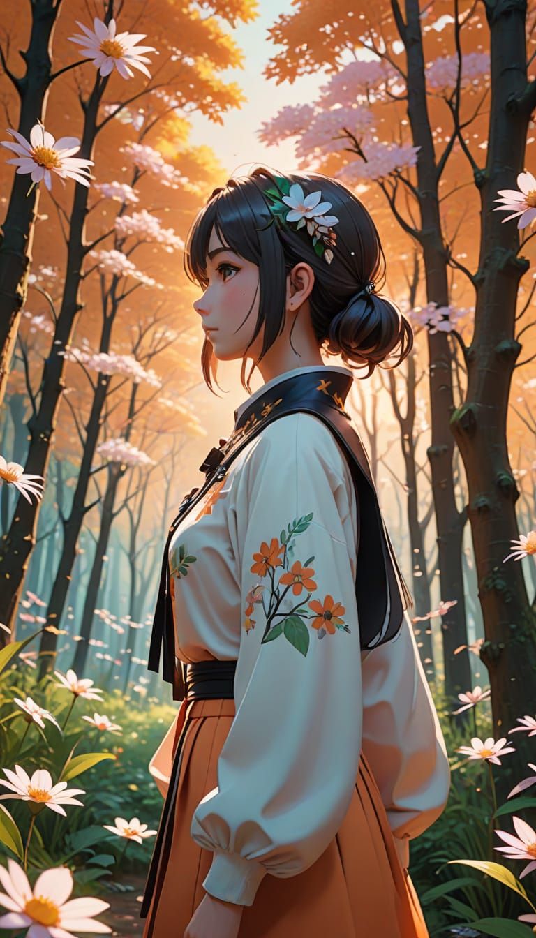 Serene Forest Walk at Sunset in Anime Style