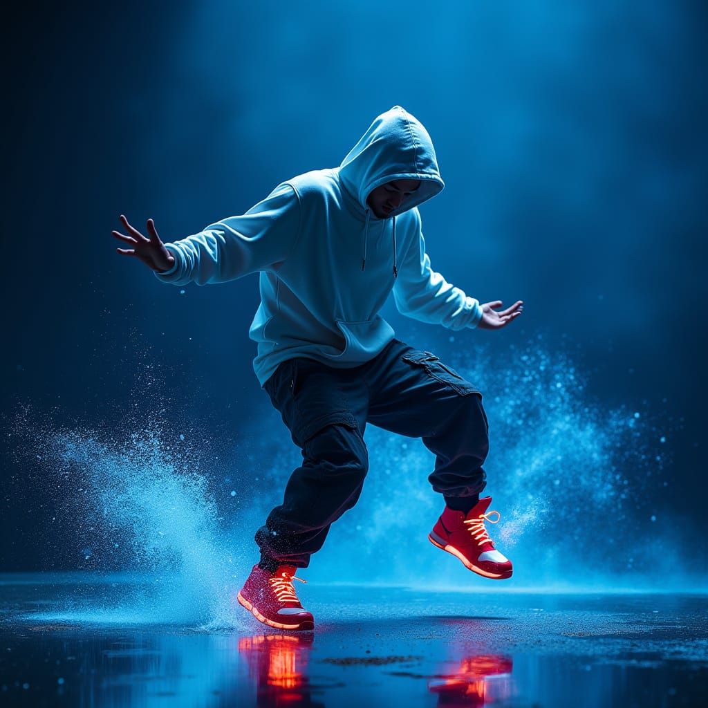 Dynamic Breakdancer in Air with Neon Glow