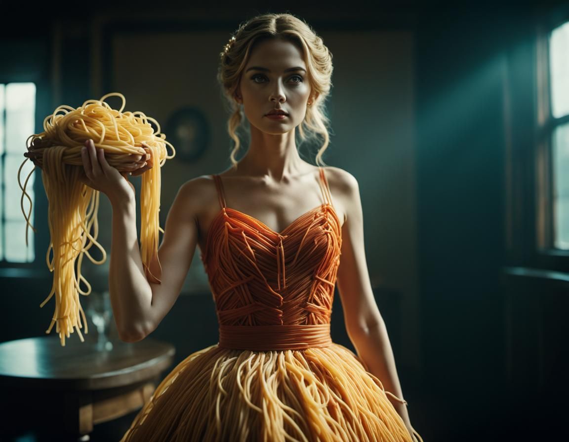 Woman in Spaghetti Dress: Hyperrealistic Cinematic Still
