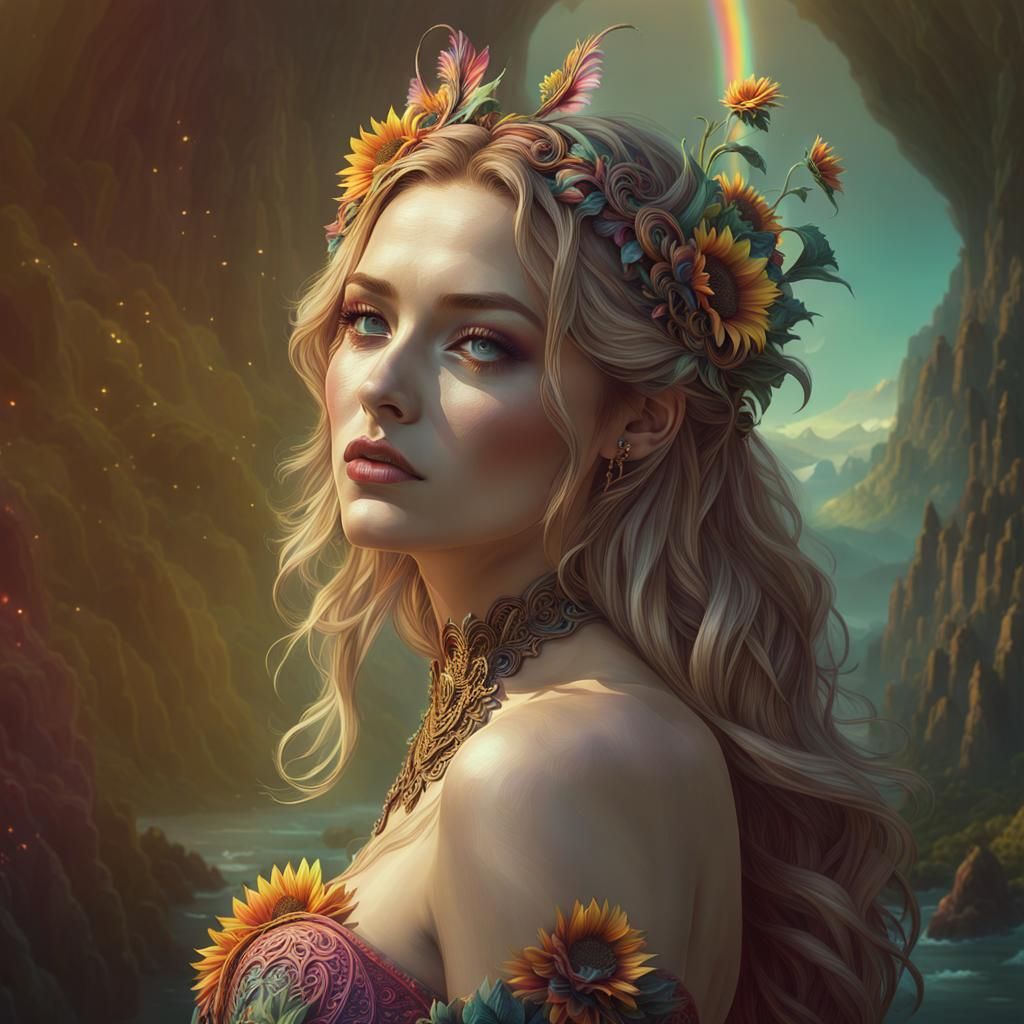 Sunflower Corset Girl in Epic Landscape, Detailed Digital Pa...