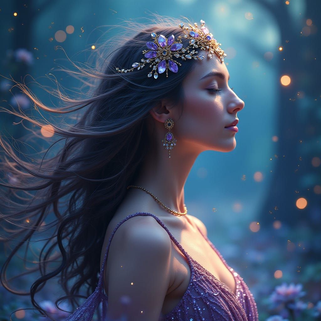 Ethereal Woman in Crystal Crown, Hair Blown by Wind, Radiant...