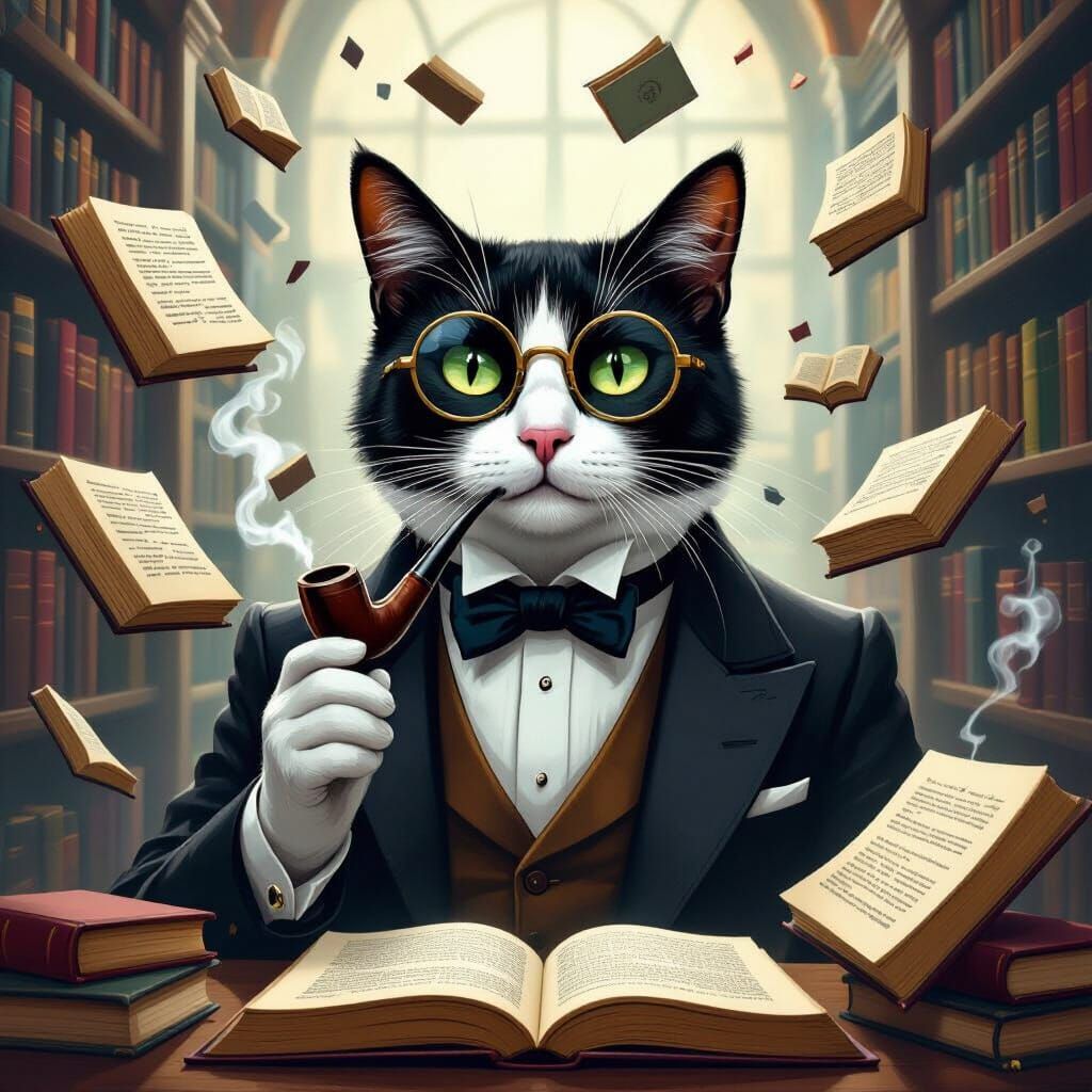 Dapper Cat Contemplates Existence in Surrealist Library
