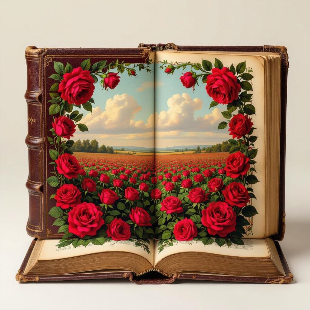 Antique Book Opens to Endless Rose Field in Painterly Style