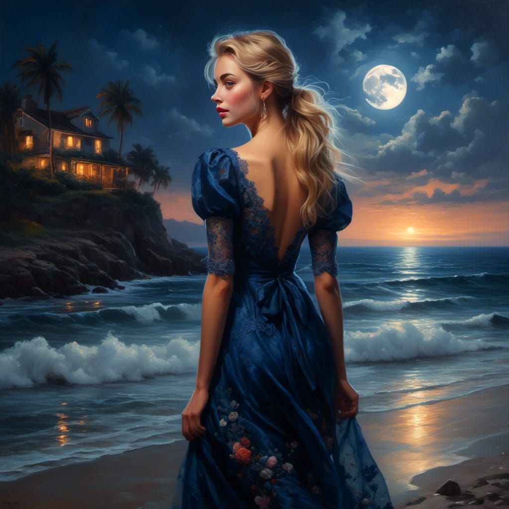 Blonde Girl Walking on Beach in Moonlight