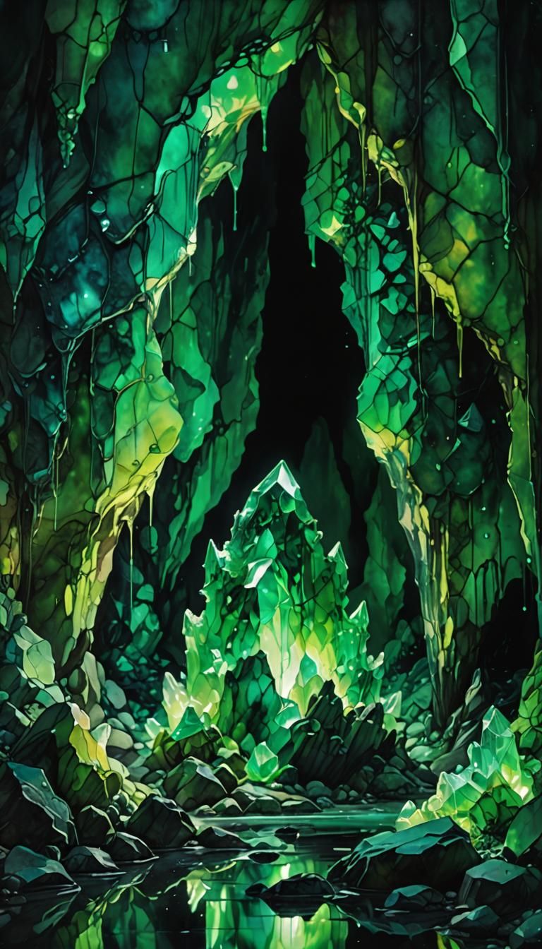 Mystical Cave with Glowing Crystal in Alcohol Ink