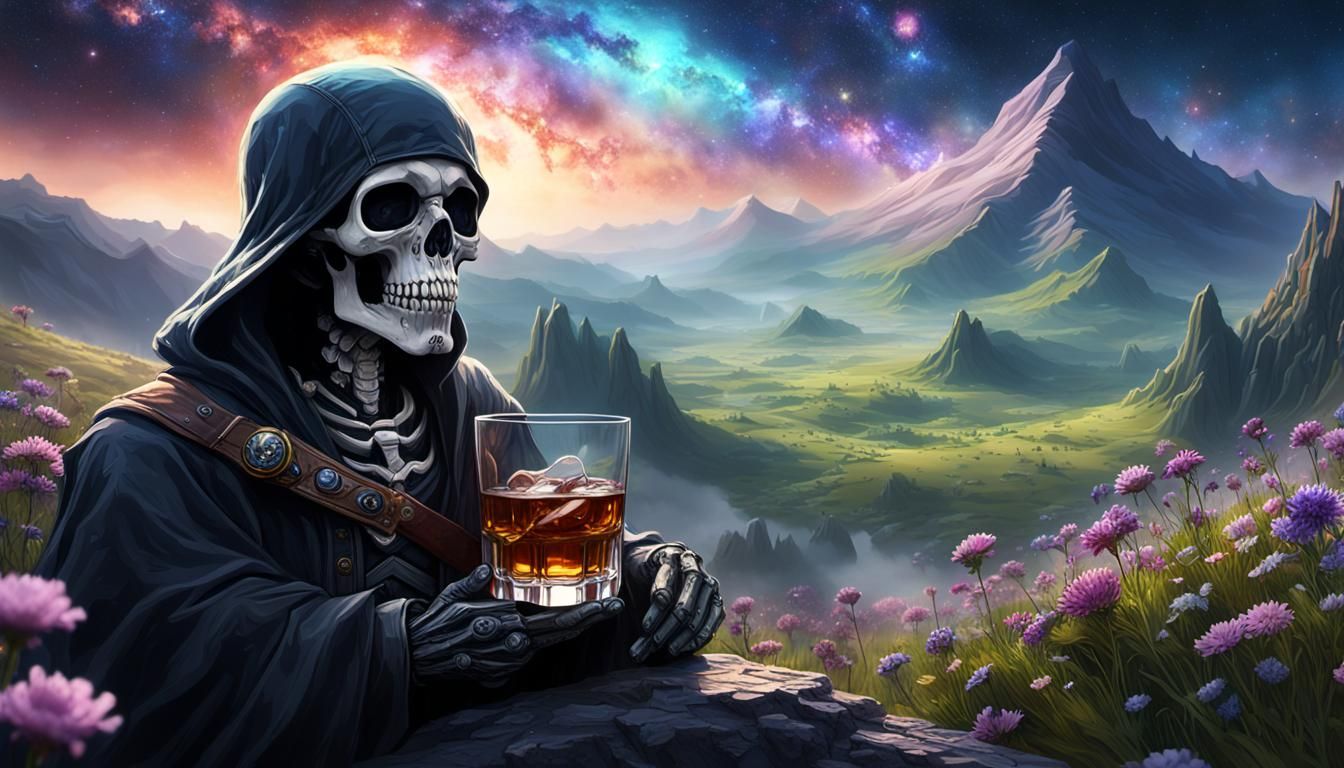 Death Contemplates the Galaxy from Mountain Peak