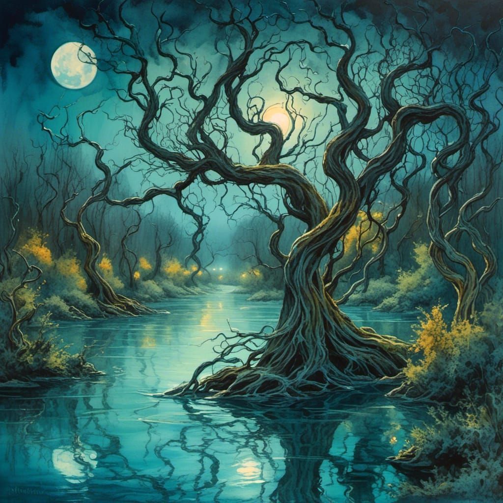 Surreal Moonlit Riverbank: An Abstract Watercolor