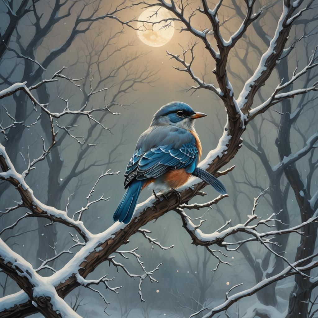 Bird on Winter Tree Branch in Fantasy Landscape