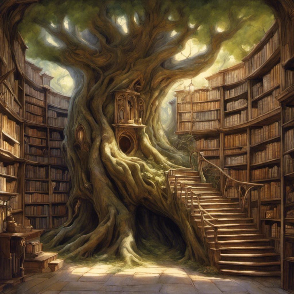 Enchanted Tree Library: A Fantasy Art Piece