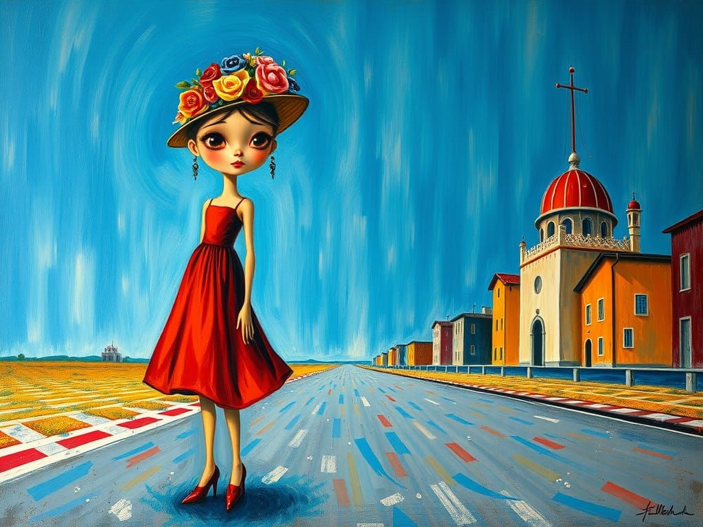 Dreamlike Girl in a Vibrant Surrealist Landscape