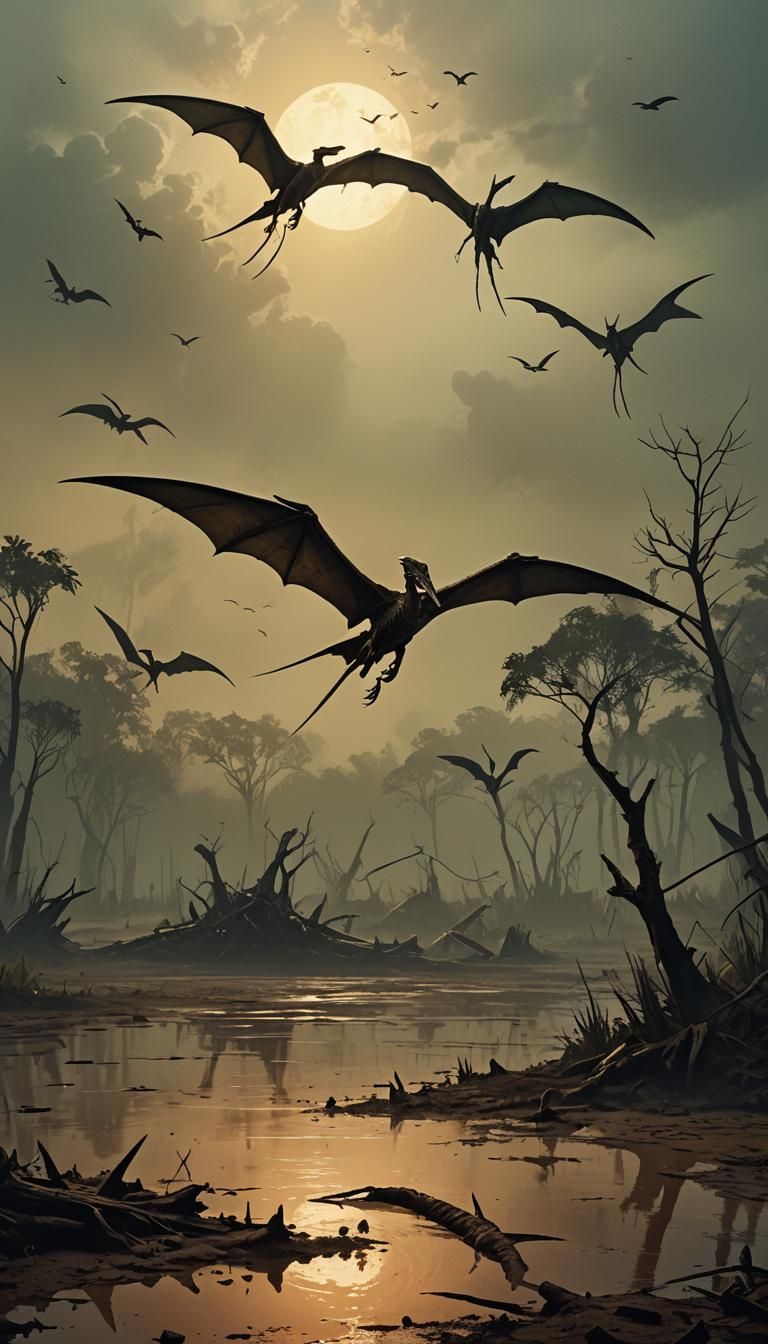 Prehistoric Swamp: Pterosaurs in Golden Light