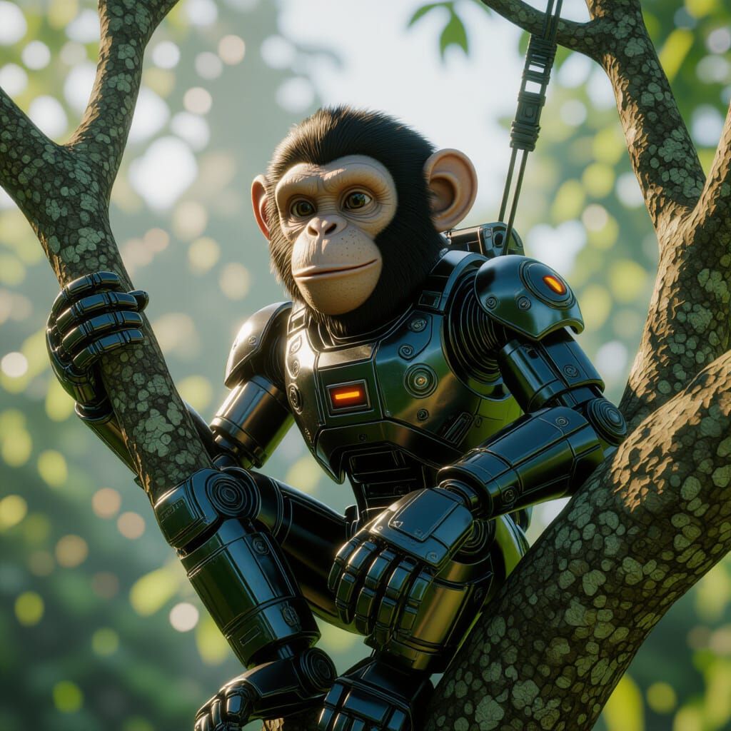 Robot Monkey in Tree: Detailed Fantasy Matte Painting