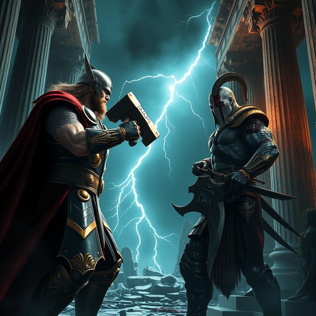 Thor Battles Kratos in Ancient Greek Temple