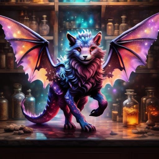 Baby Dragon Sleeps by Glowing Potion in Alchemist Cabinet