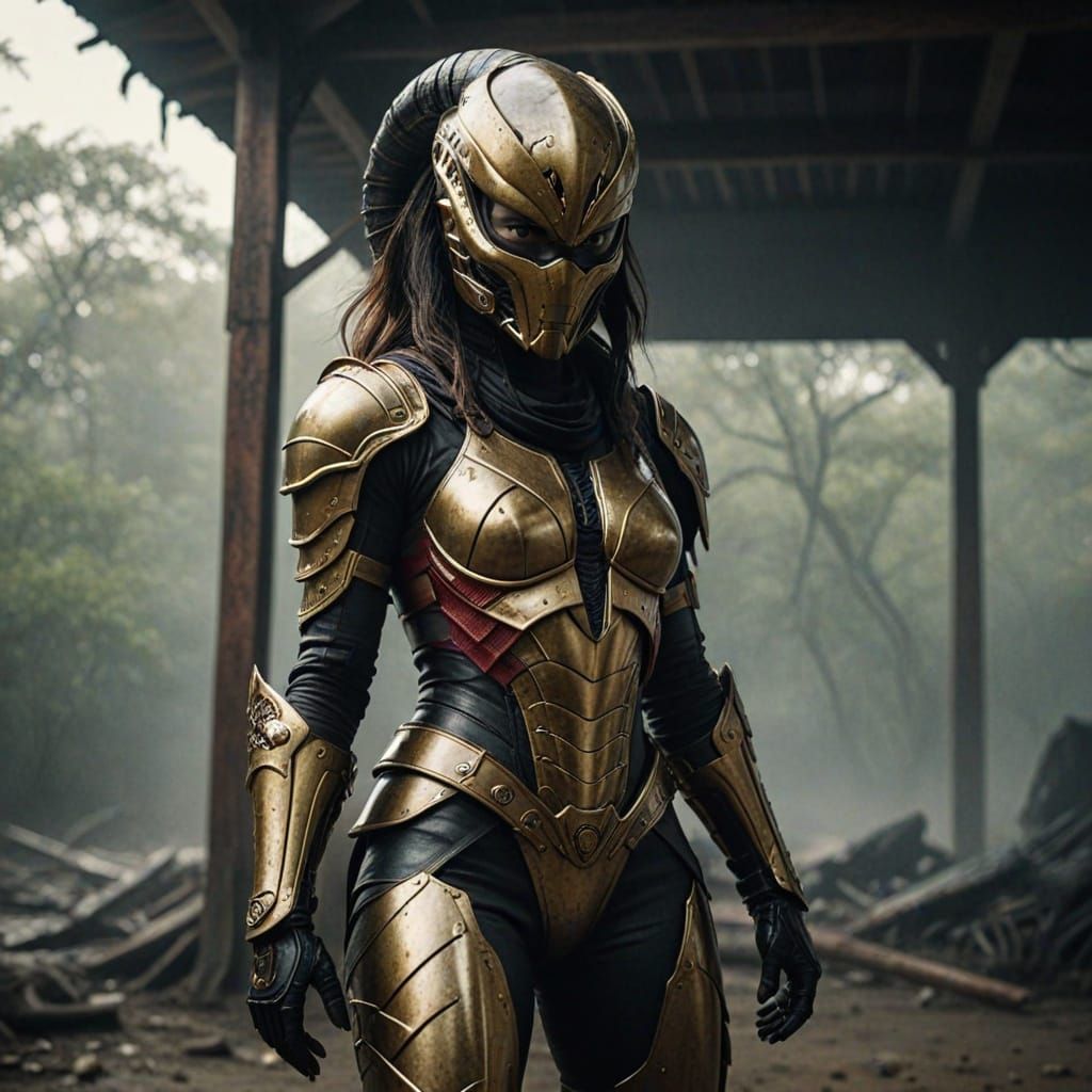 Epic Alien Warrior in Golden Armor, Scorpion Motif, Dark and...