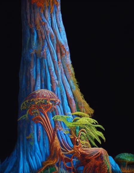 Surreal Alien on Driftwood in Ethereal Jungle