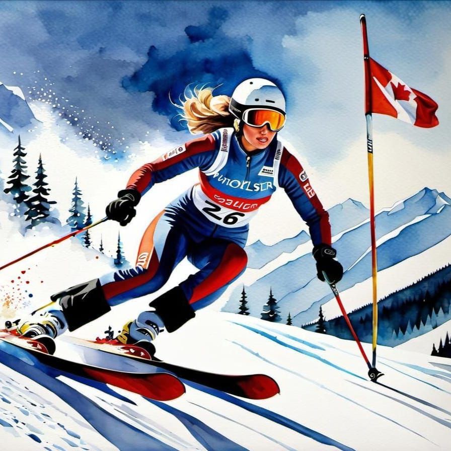 Canadian Skier Races Downhill: 1970s Watercolor Style
