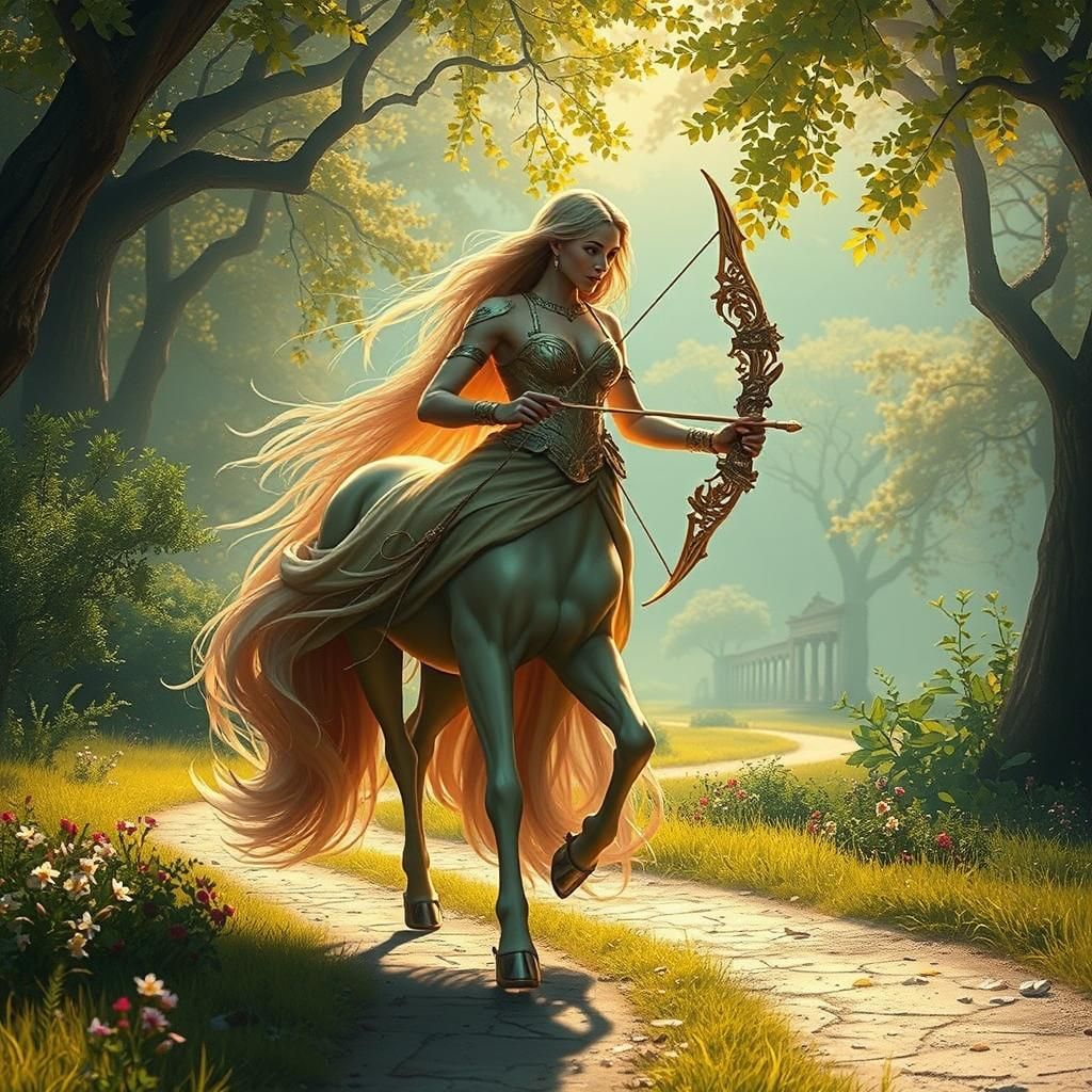 Golden Centaur in Sunlit Garden: Digital Matte Painting