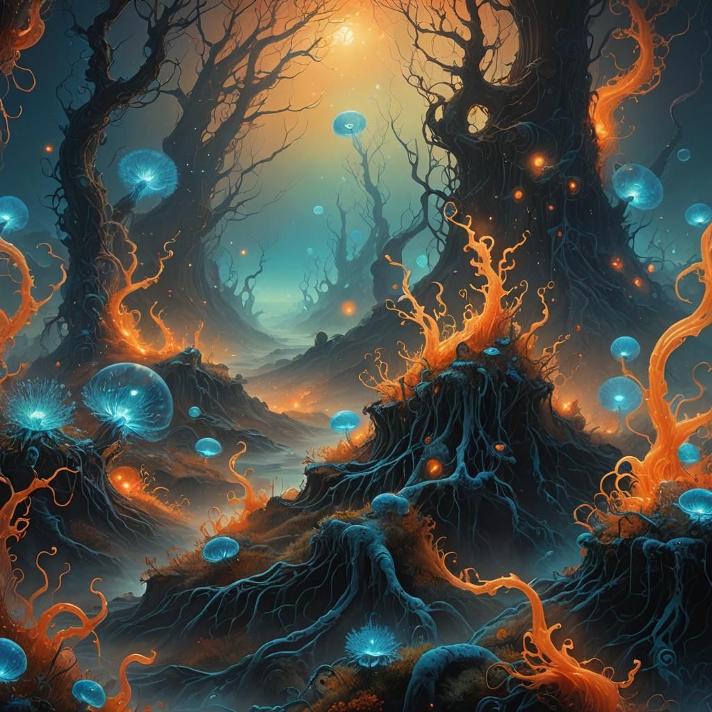 Mystical Germ Dance: Bioluminescent Fantasy Art