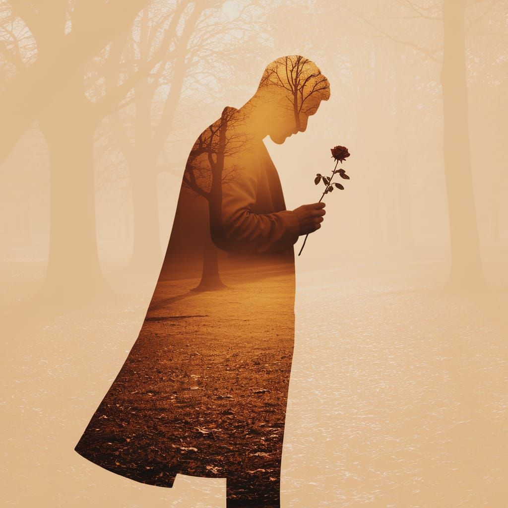 Man in Golden Light Gazes at Wilted Rose