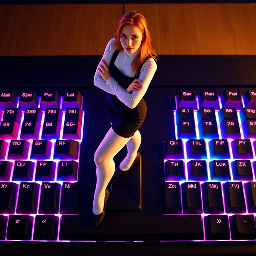 Copper-Haired Athlete Typing on a Futuristic Keyboard