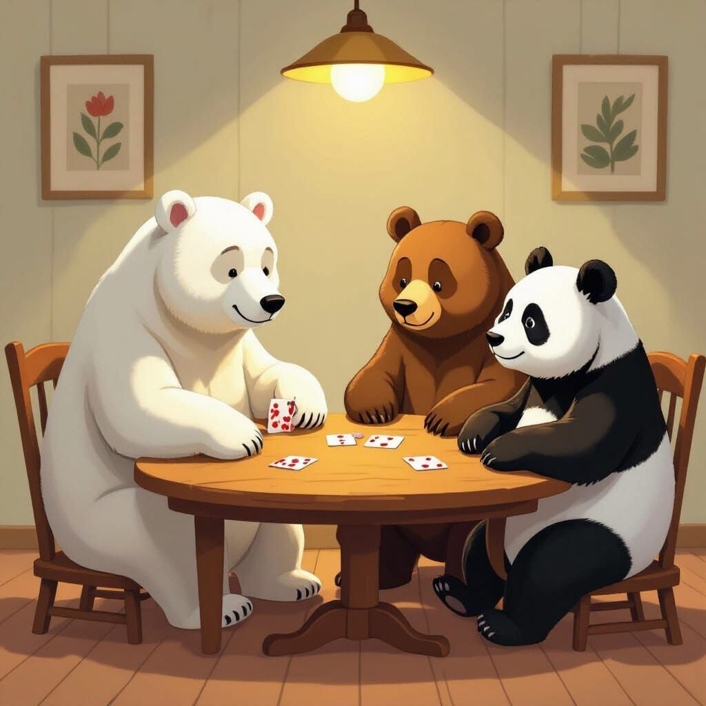 Four Bears Play Cards in Whimsical Storybook Style