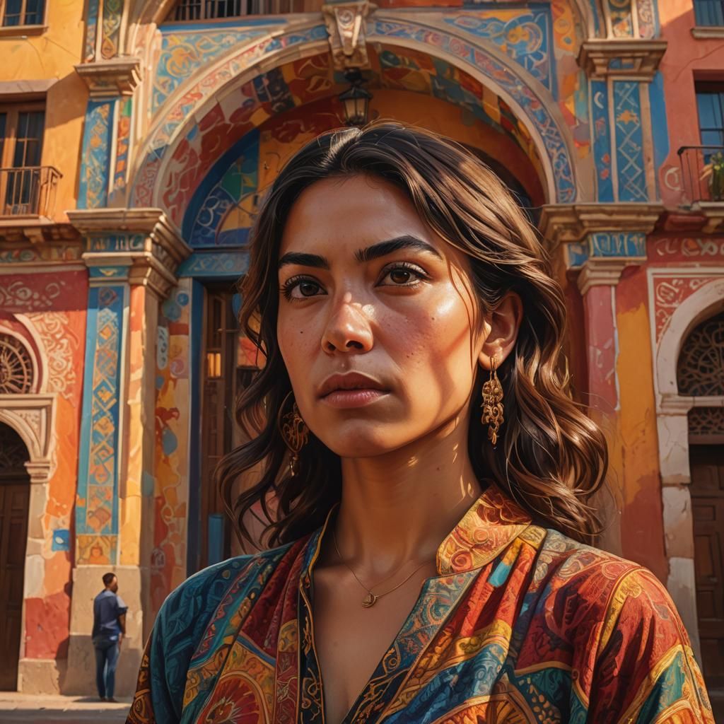 Latina Woman Portrait with Spanish Architecture Background