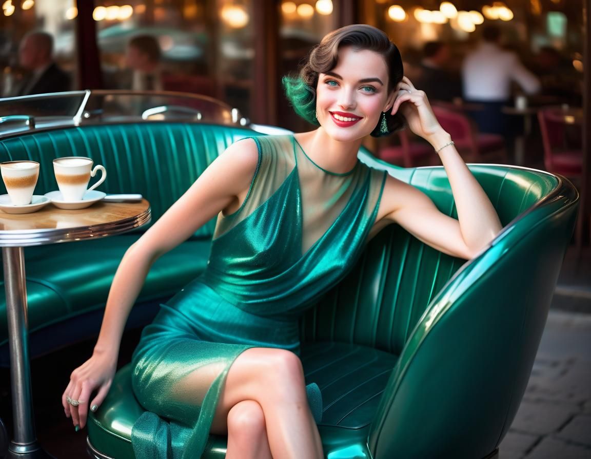Brunette in Emerald Gown, Art Deco Style Portrait