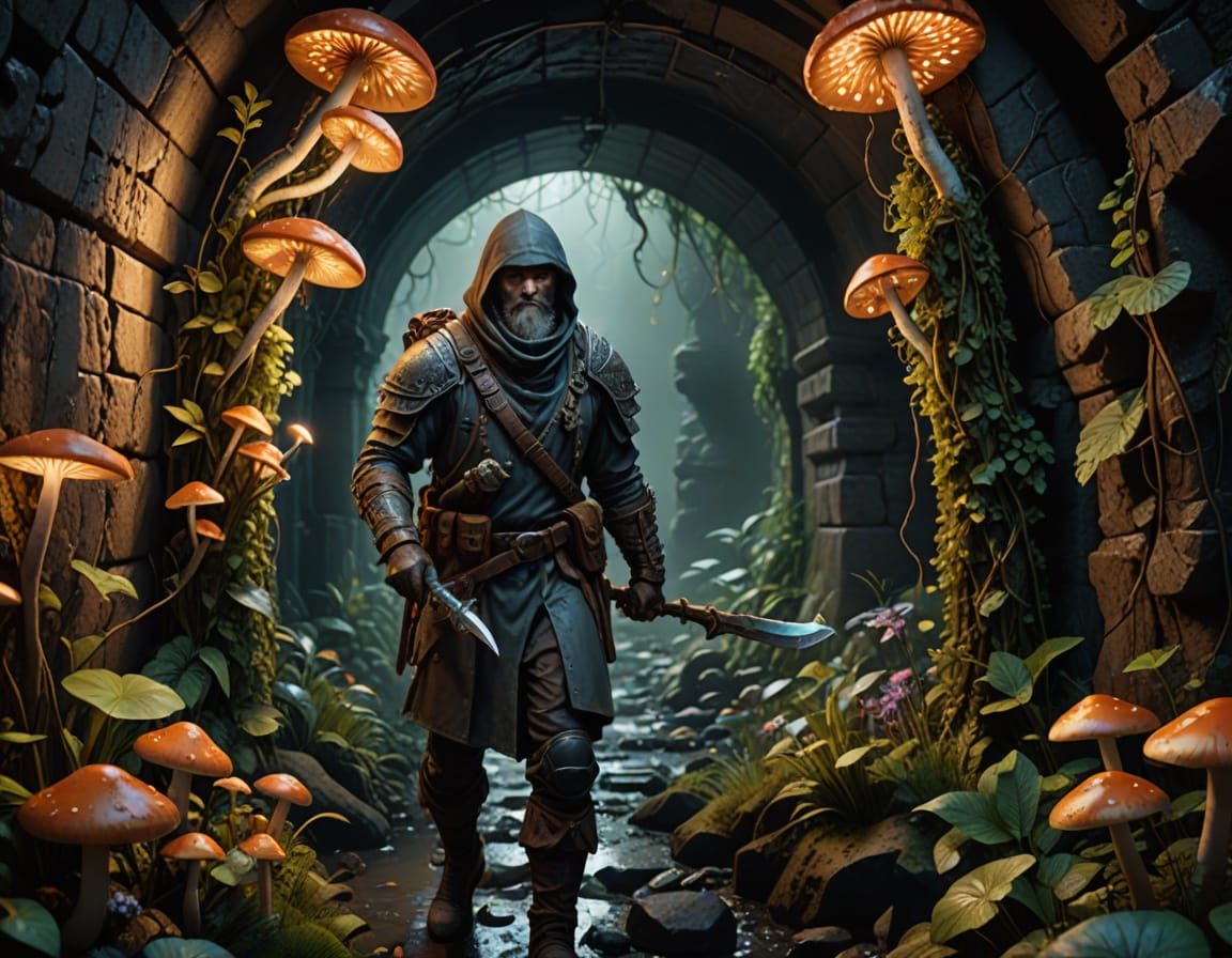 Sewer Explorer with Glowing Mushrooms: Fantasy Game Art