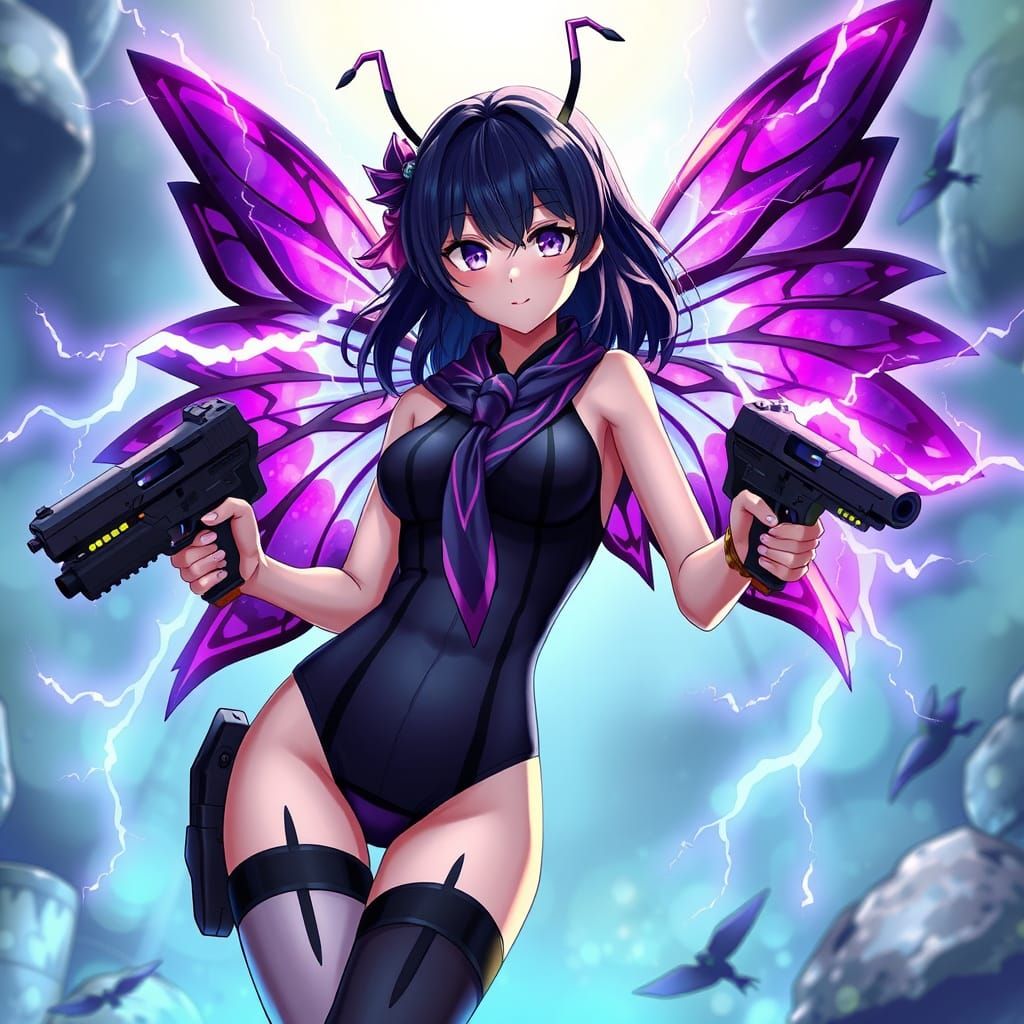 Anime Girl Controlled by Purple Butterfly in Futuristic Swim...