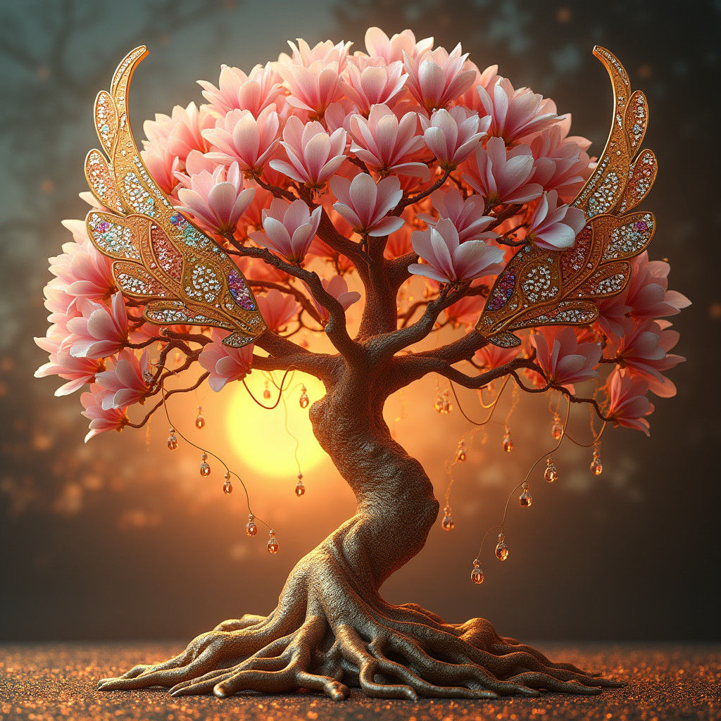Magnolia Tree with Gold Filigree and Wings