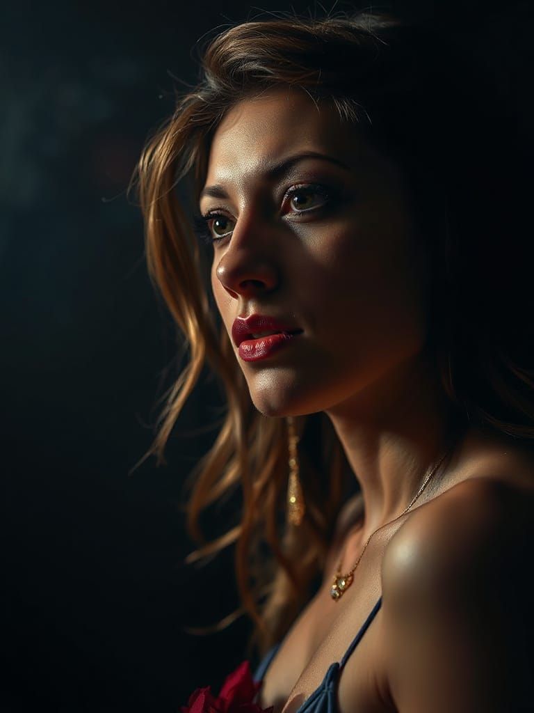 Romantic Nighttime Portrait with Dramatic Lighting