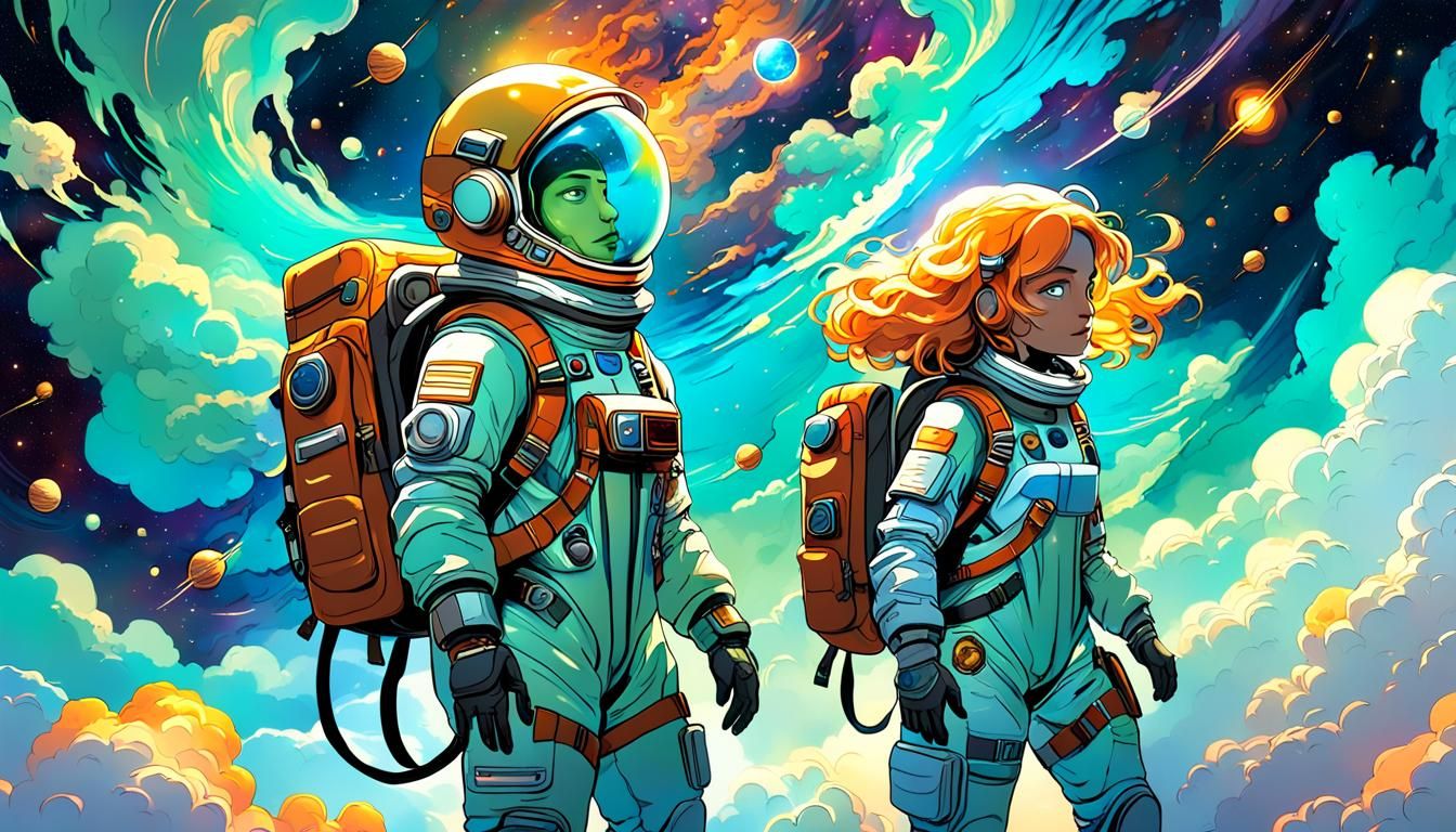 Children in Spacesuits Amidst Cosmic Clouds