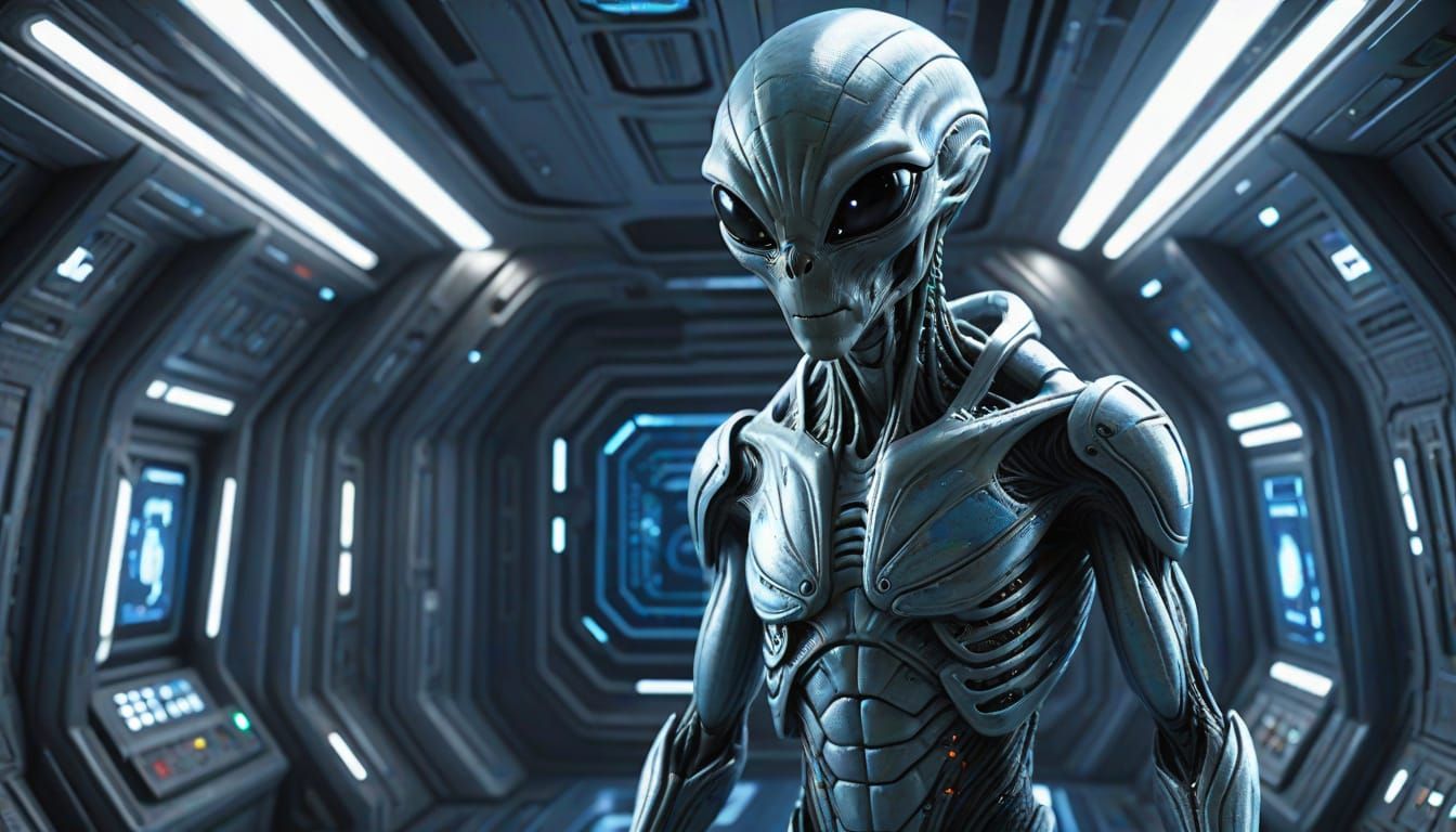 Realistic Grey Alien Inside Sci-Fi Spaceship