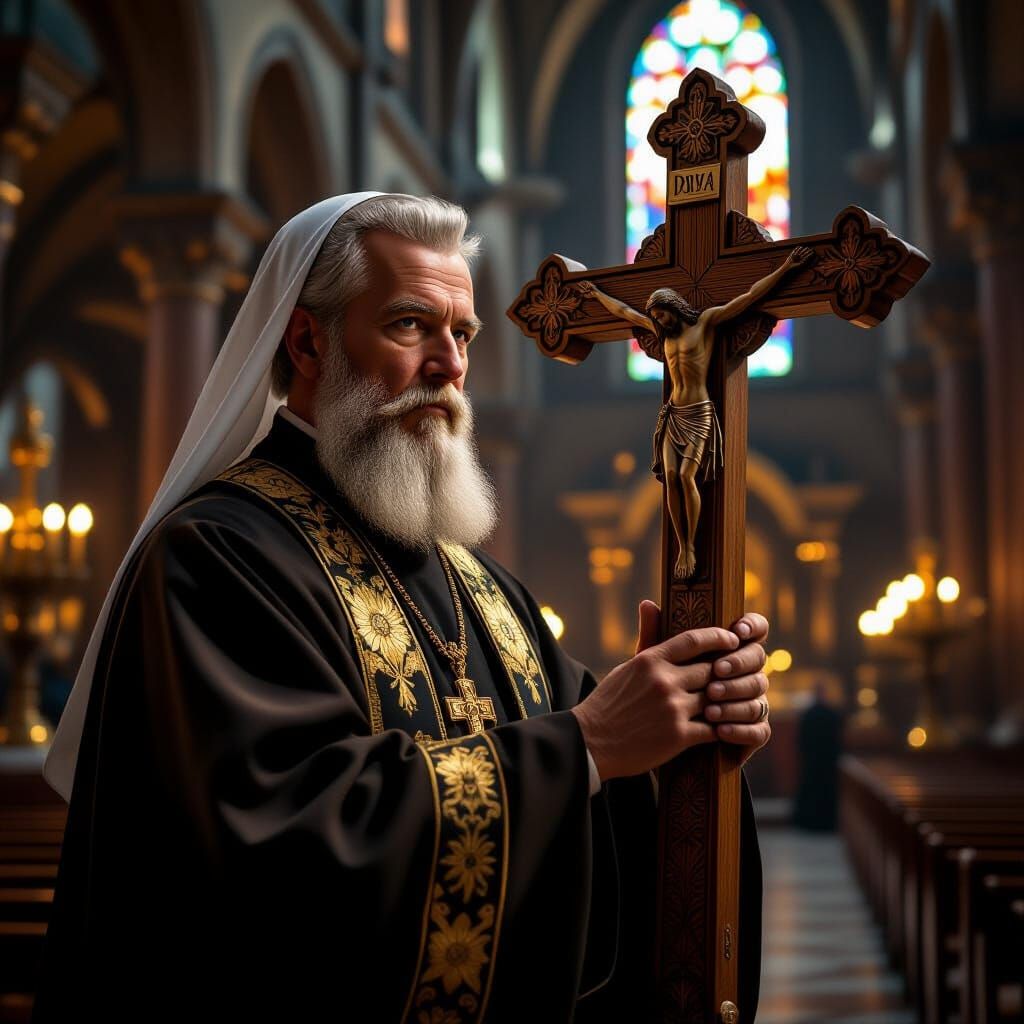 Orthodox Priest with Carved Cross in Cathedral
