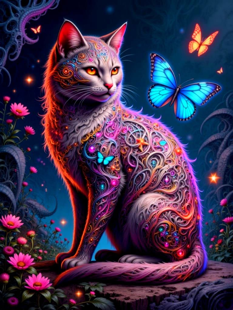 Elegant Cat Amidst Bioluminescent Flowers and Butterflies