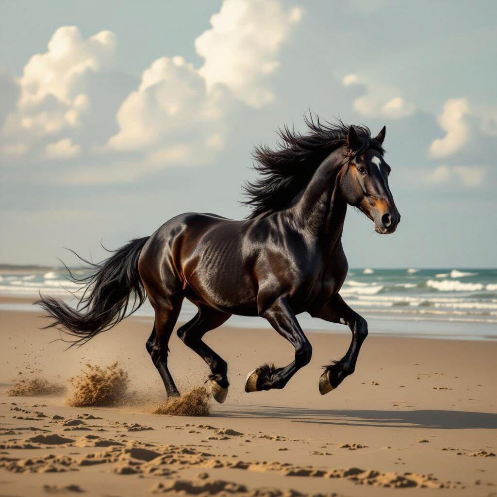 Black Stallion Galloping on Sunlit Beach