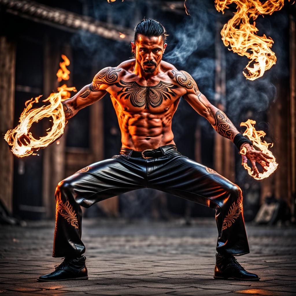Hyperrealistic Fire Dancer in Leather Pants