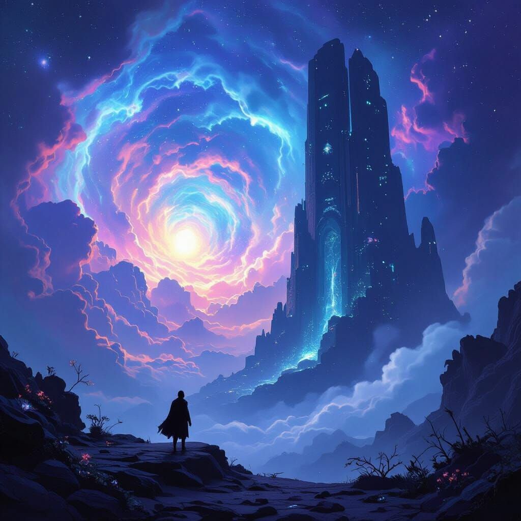 Cosmic Explorer at Ancient Observatory in Nebula