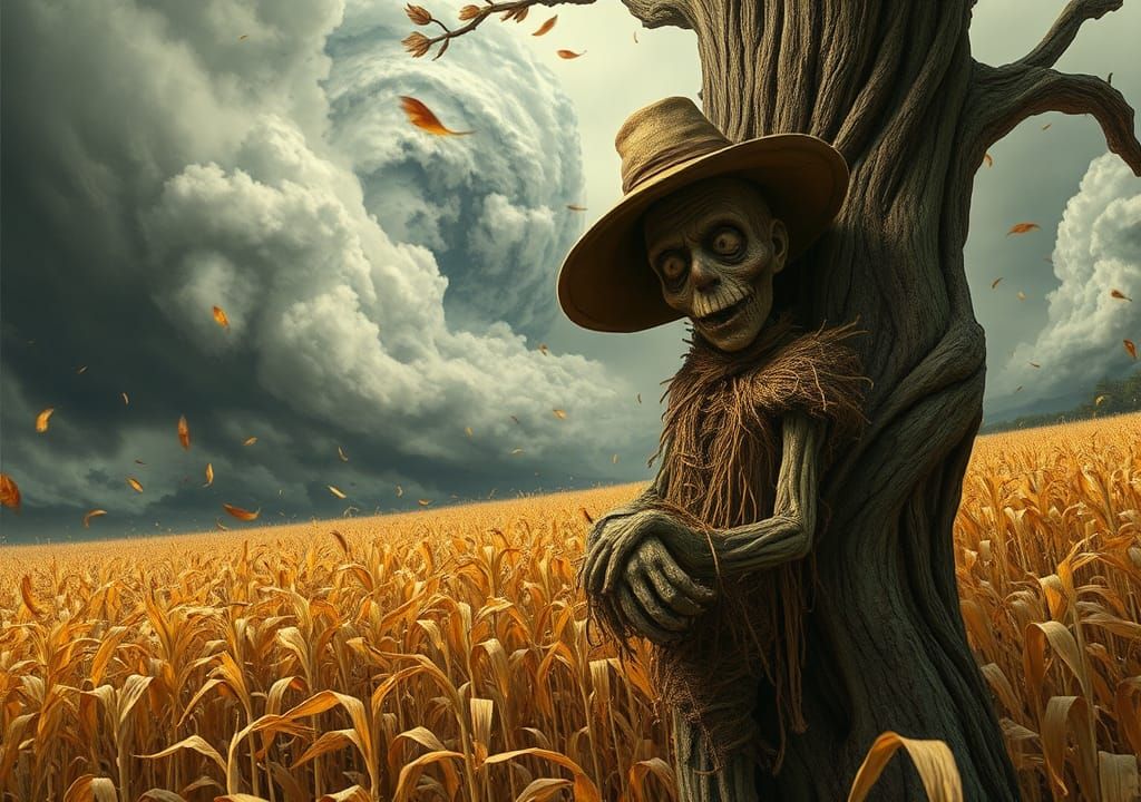 A delicate, worn scarecrow with cracked, straw skin and a tattered, straw-filled suit, clings desperately to the gnarled...