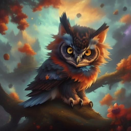 Fantastical Owl Kitten in Tree, Detailed Matte Painting
