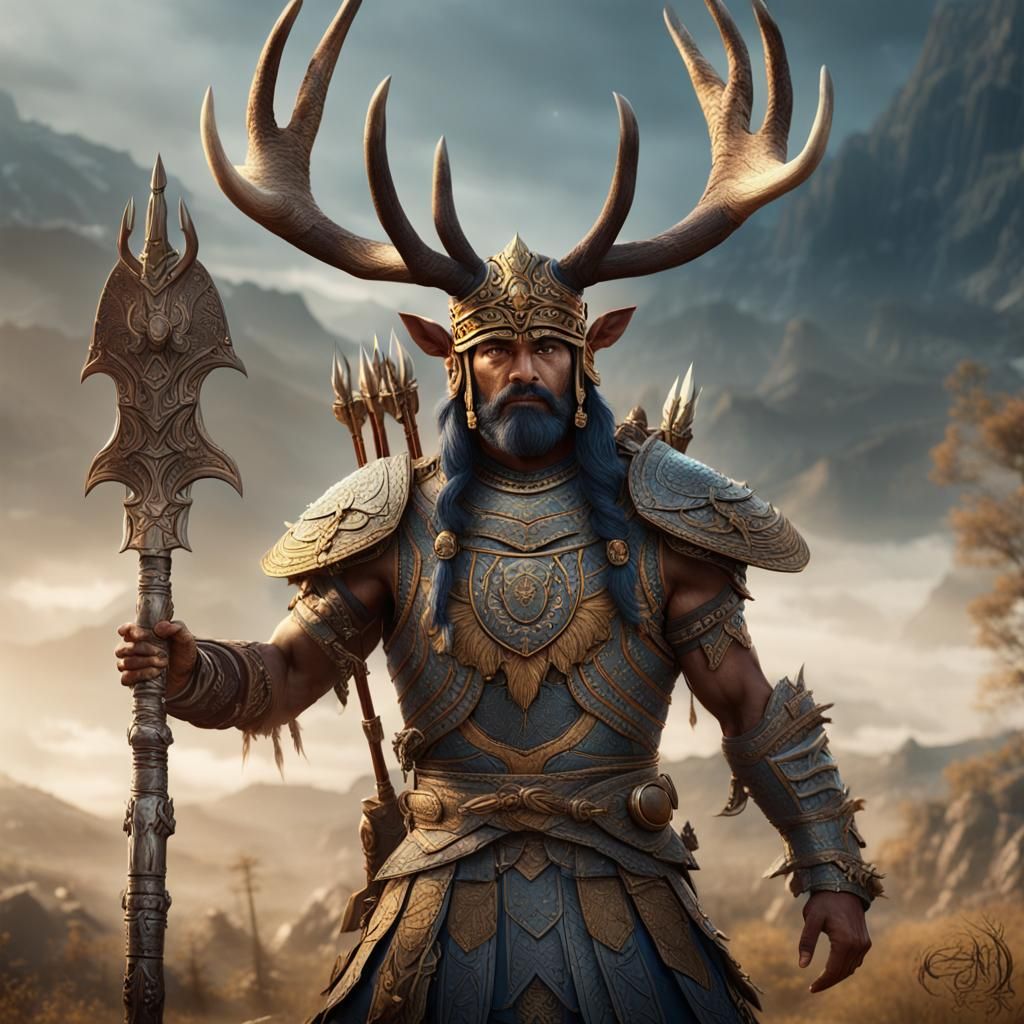 Fierce Indian Warrior with Antlers on Battlefield