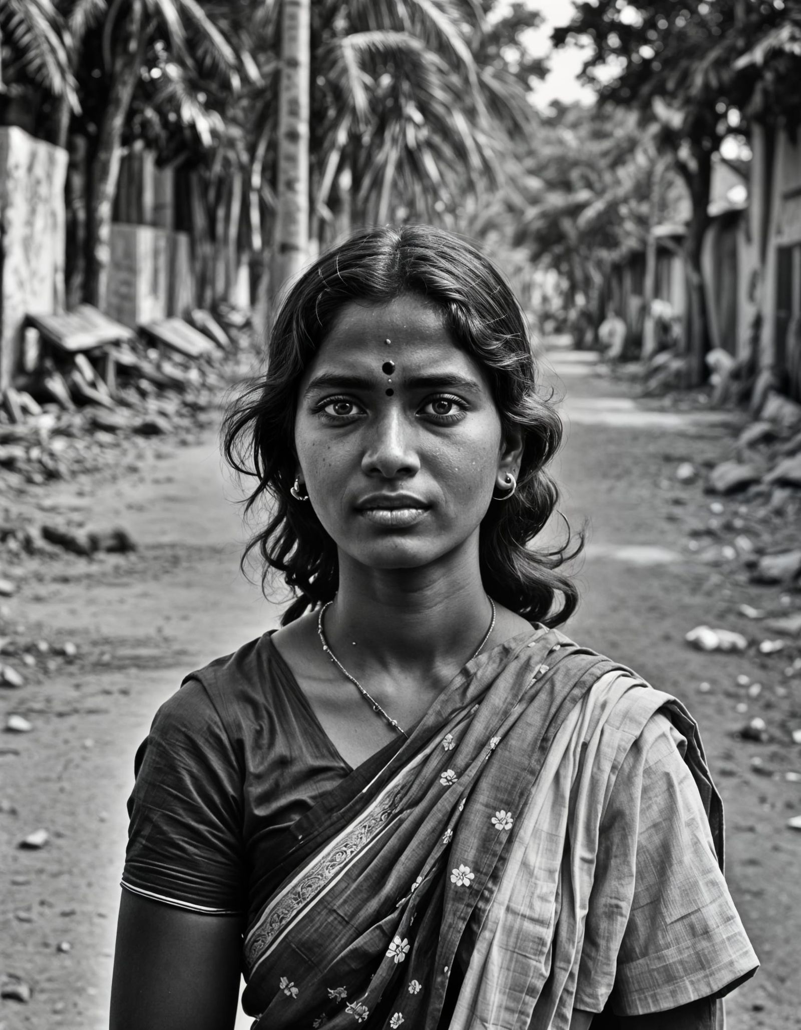 Intense Portrait of Young Indian Woman in Black and White