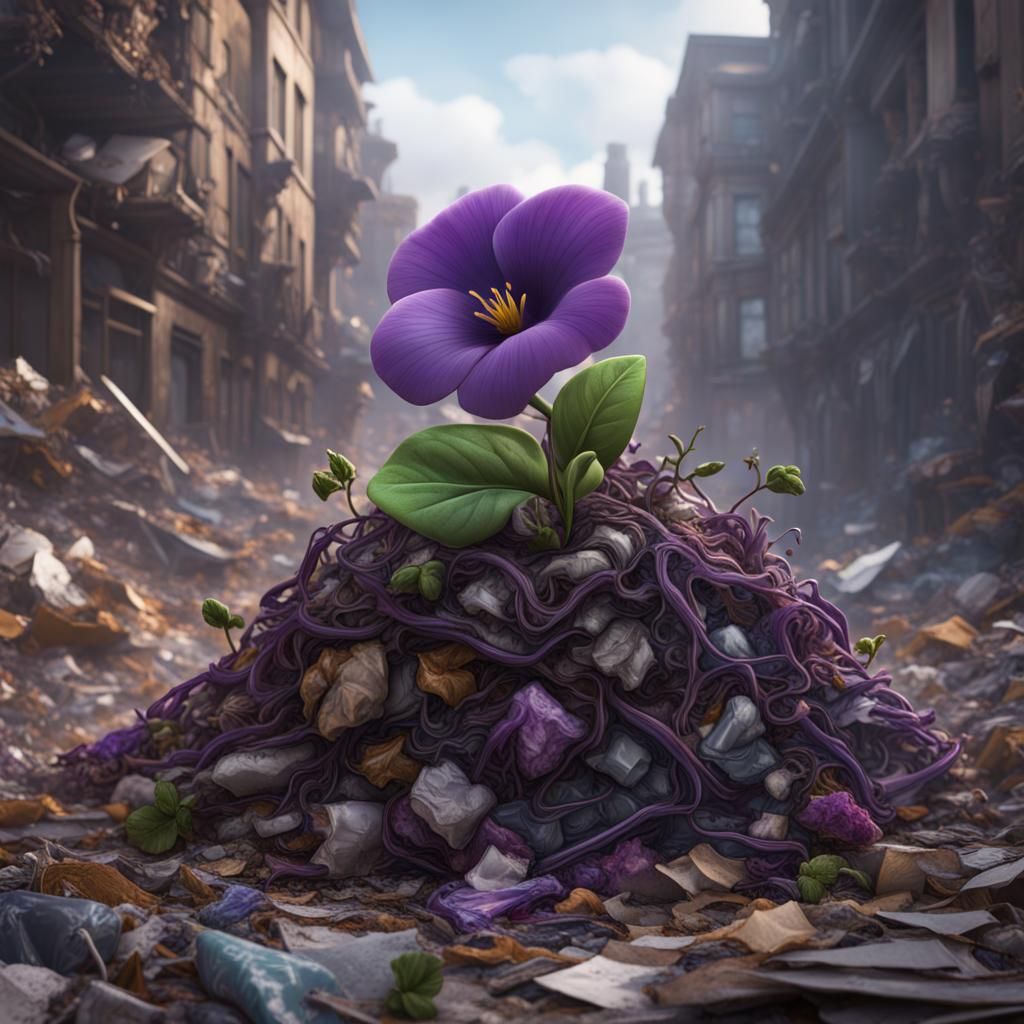 Violet Flower Sprouts from Garbage: Detailed Matte Painting