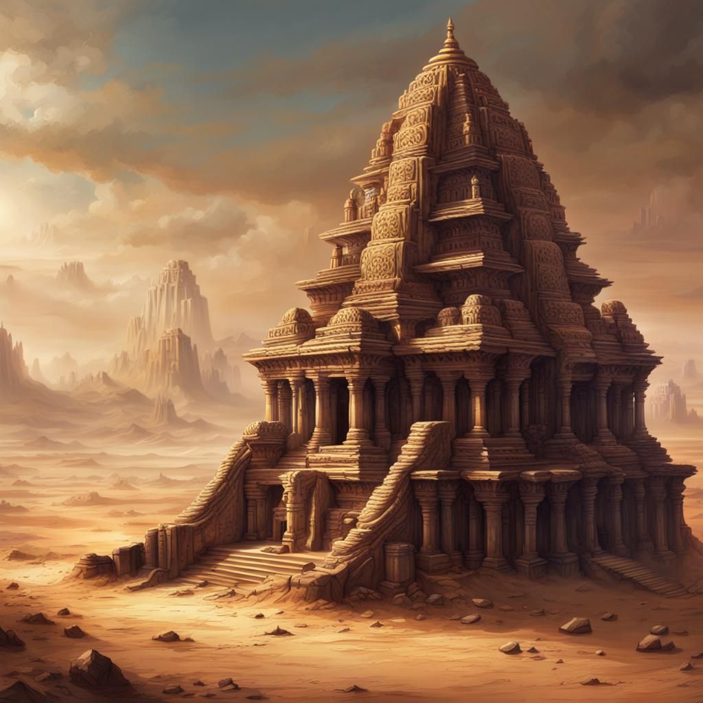 Ancient Hindu Temple Ruins in Desert: Digital Art
