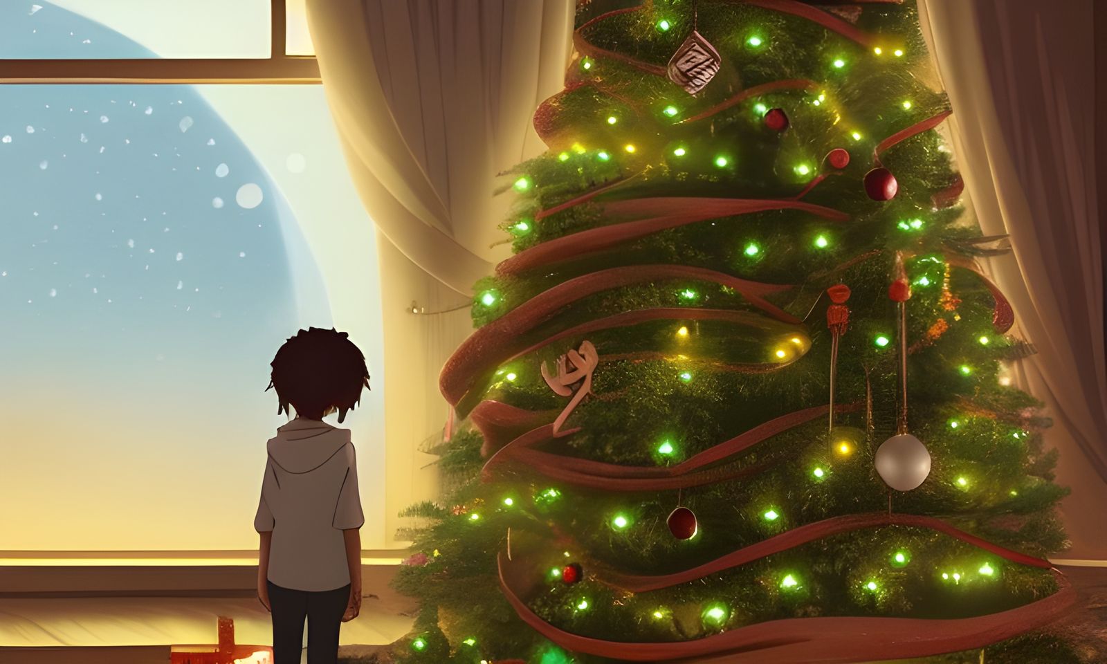 Family Decorating Christmas Tree in Ghibli Style