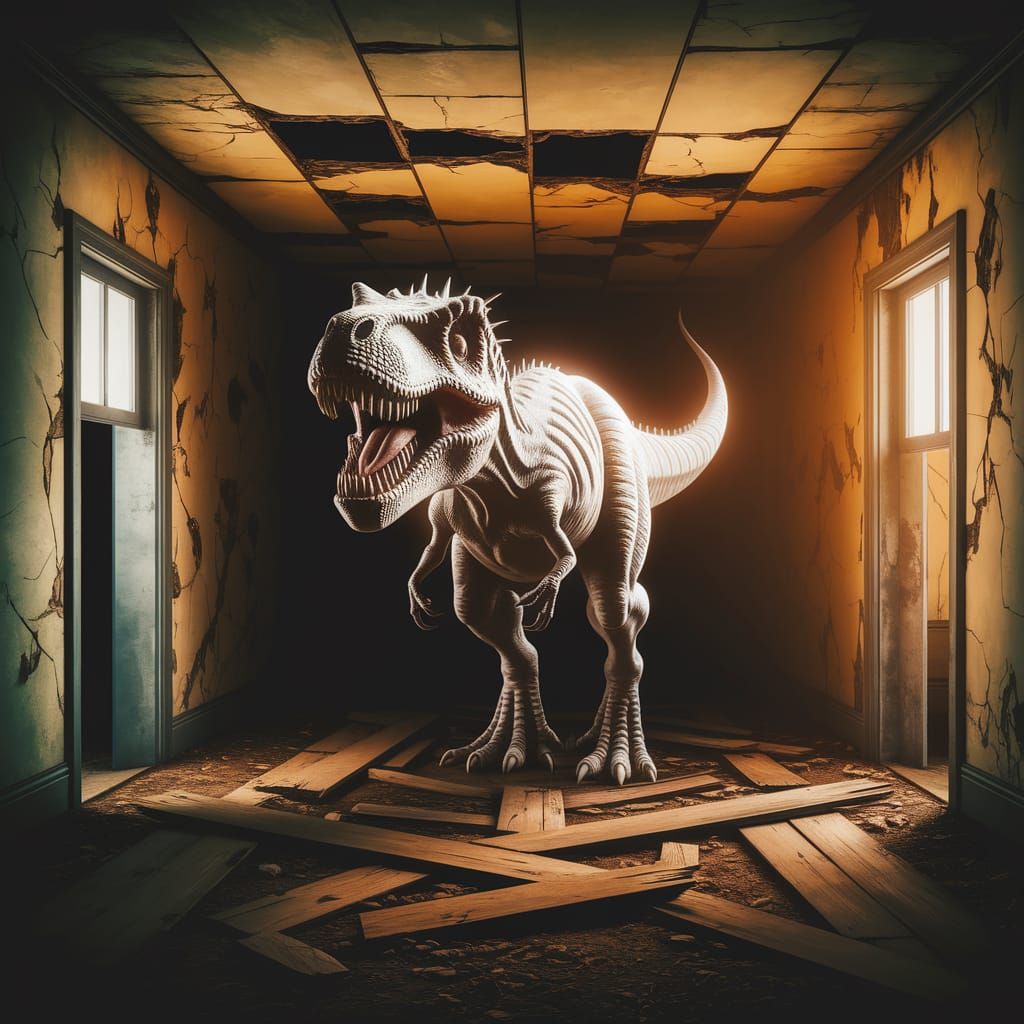 Spectral T. Rex Haunts Abandoned House with Sinister Sneer